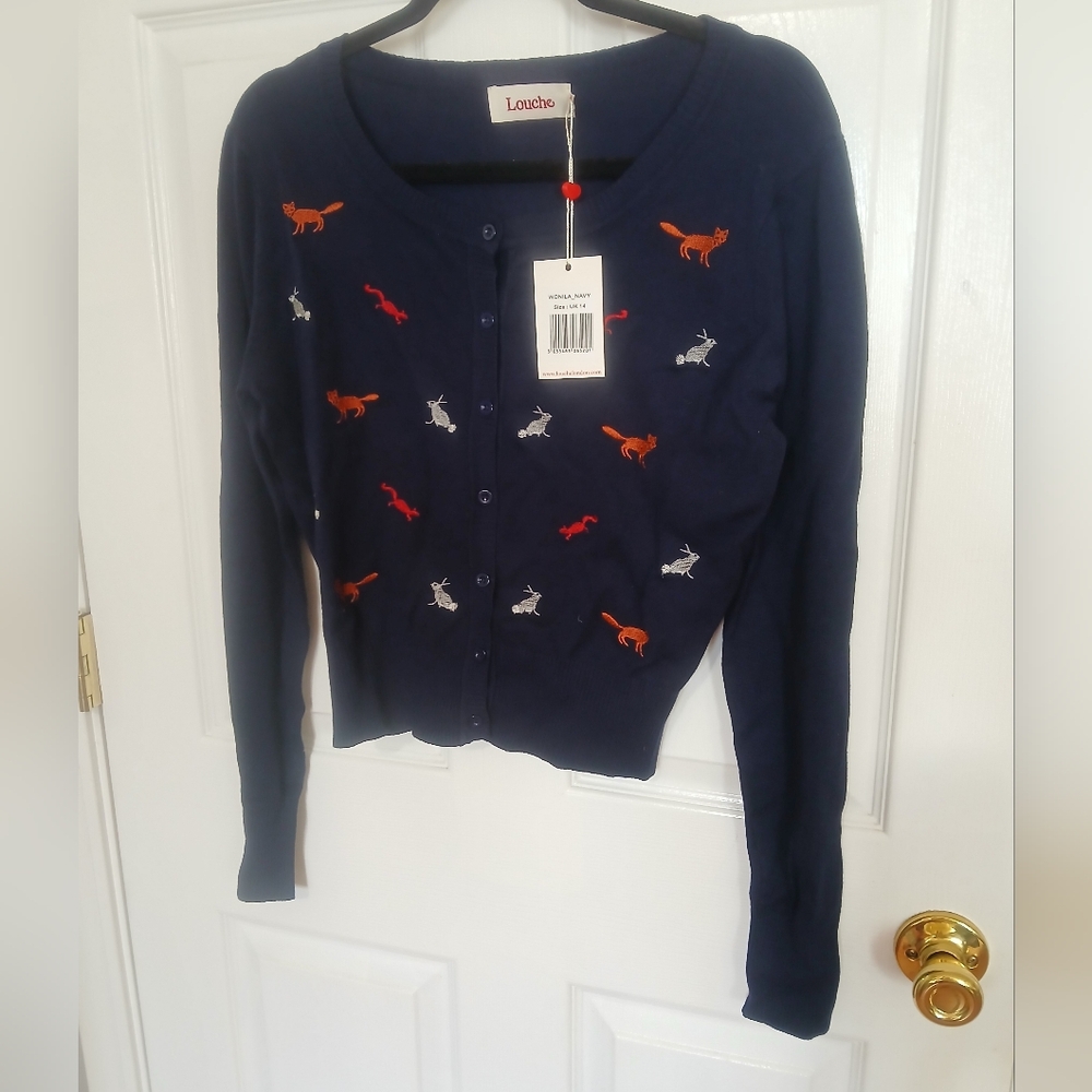 Louche Navy Fox Embroidered Button Cardigan